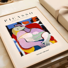 Picasso Le Rêve Inspired Reclining Woman Art Print Cubist Poster Artwork Collection displayed in a modern frame.