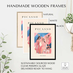Picasso Les Demoiselles d Avignon Inspired Art Print Abstract Figures Poster Artwork Collection displayed in handmade wooden frames.