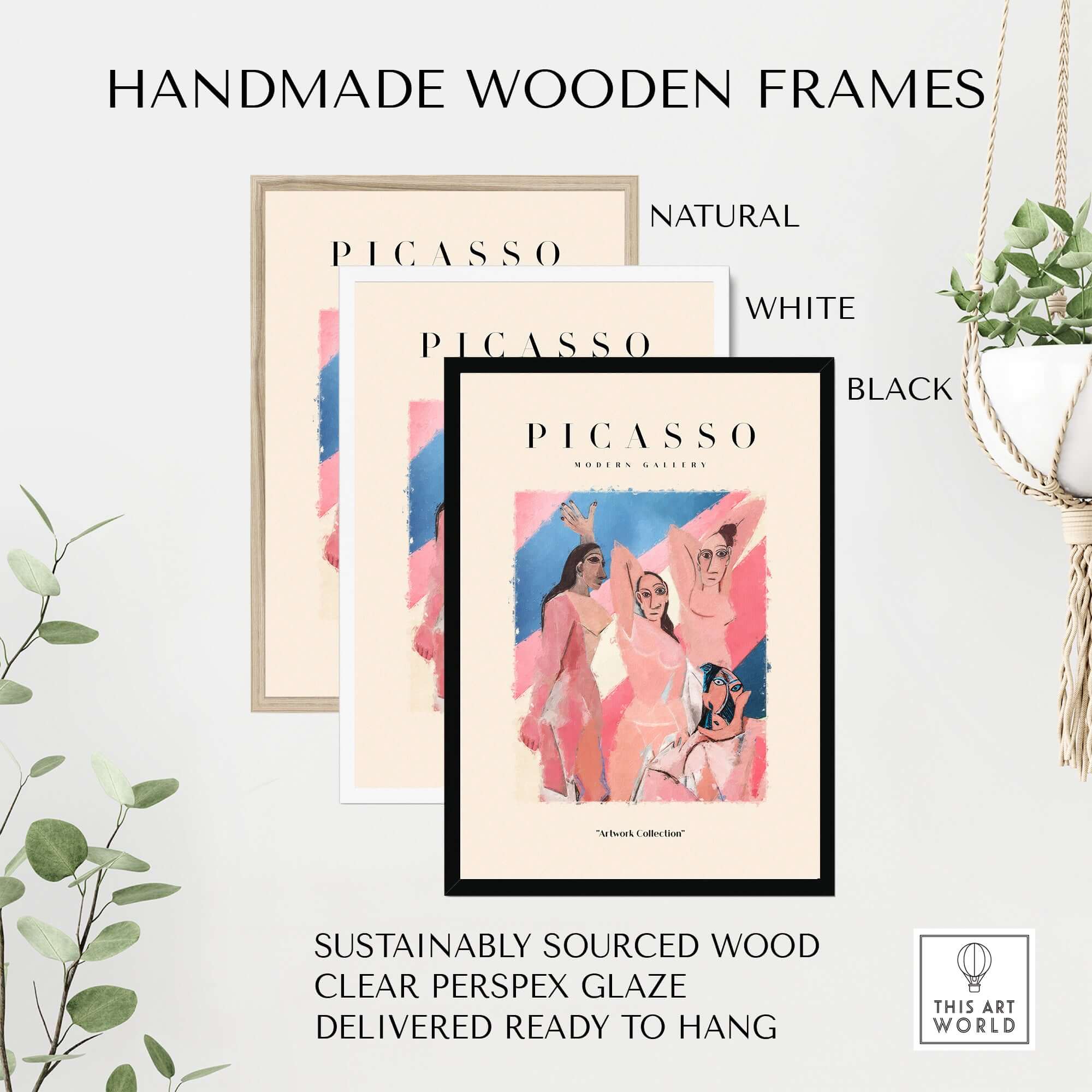 Picasso Les Demoiselles d Avignon Inspired Art Print Abstract Figures Poster Artwork Collection displayed in handmade wooden frames.