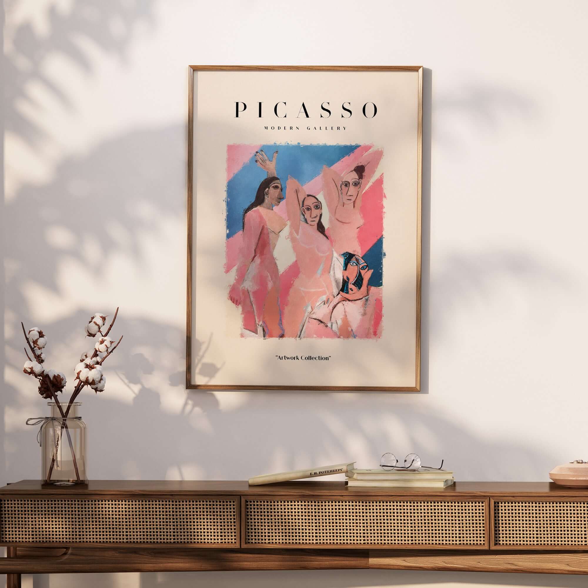 Picasso Les Demoiselles d Avignon Inspired Art Print Abstract Figures Poster Artwork Collection framed on a wall.