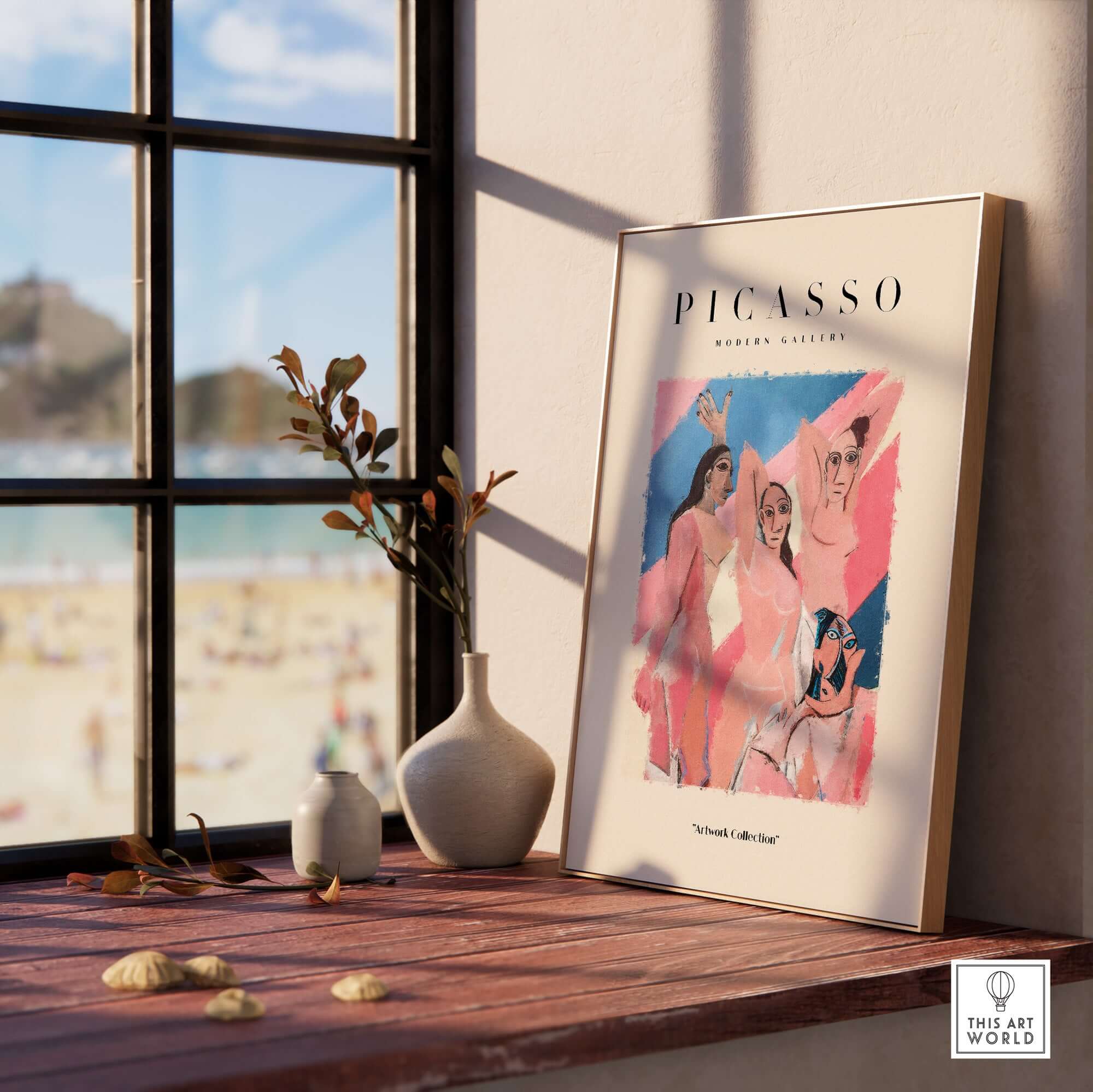 Picasso Les Demoiselles d Avignon Inspired Art Print Abstract Figures Poster Artwork Collection displayed in a modern interior.