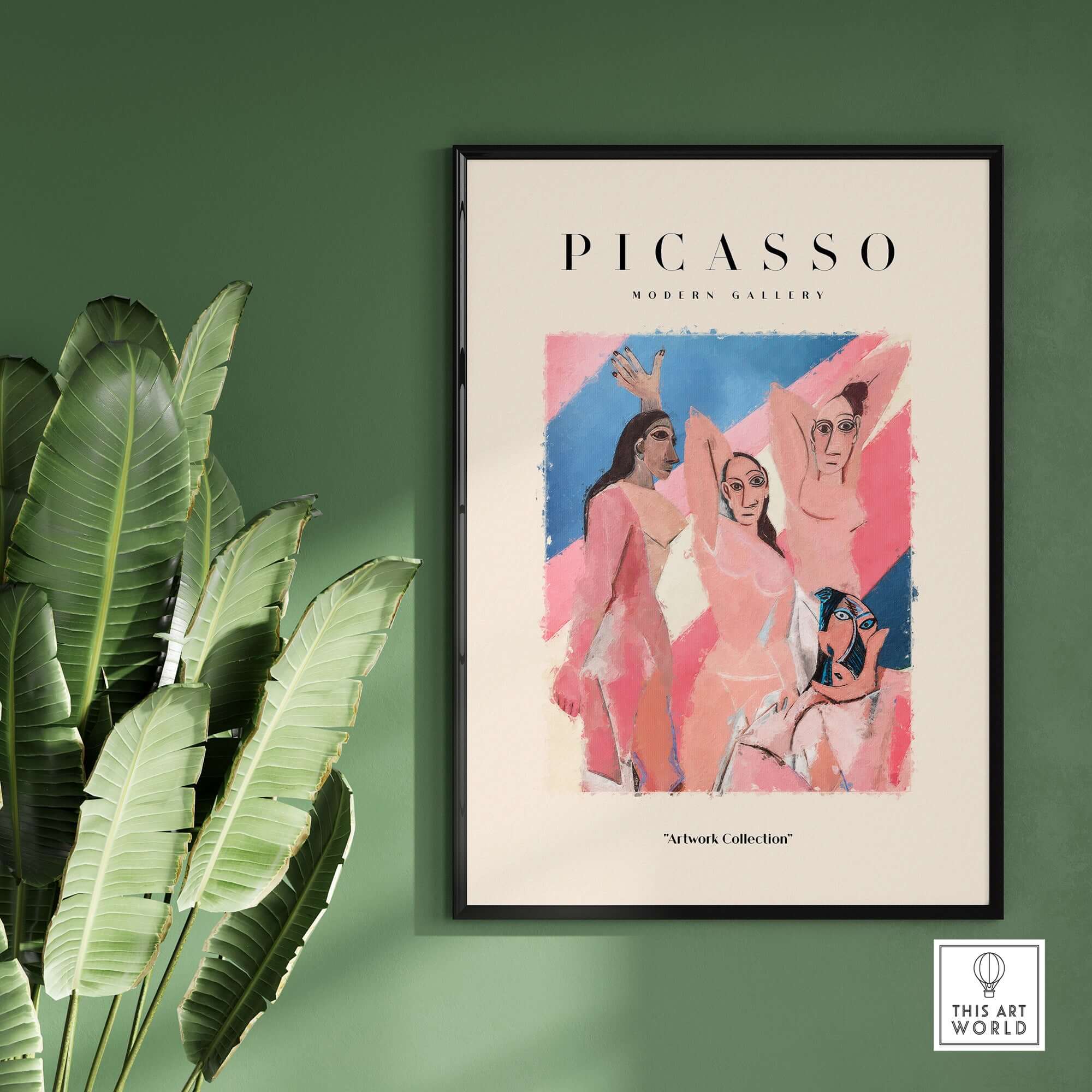 Picasso Les Demoiselles d Avignon Inspired Art Print Abstract Figures Poster Artwork Collection displayed on a green wall.