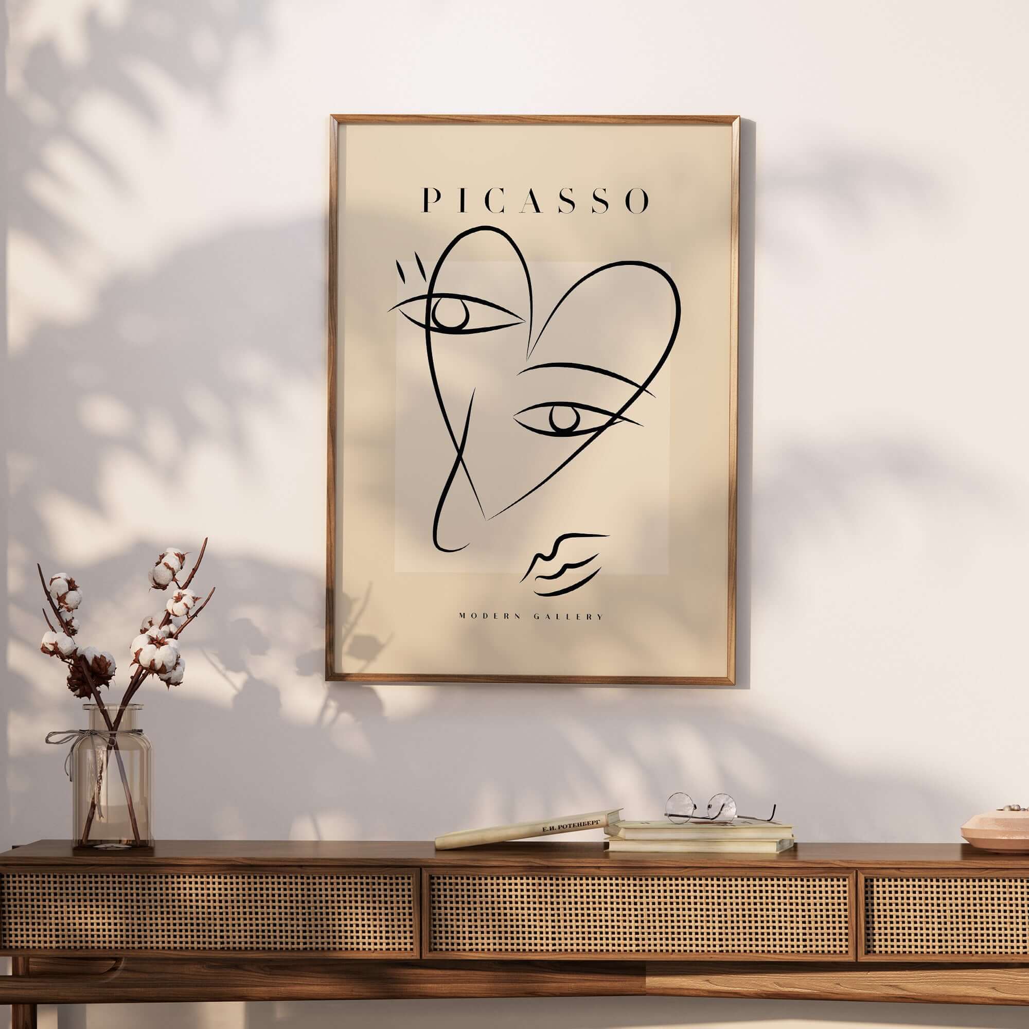 Picasso Line Art Abstract Heart Face Minimalist Modern Gallery Print Poster displayed on a wall with modern decor.