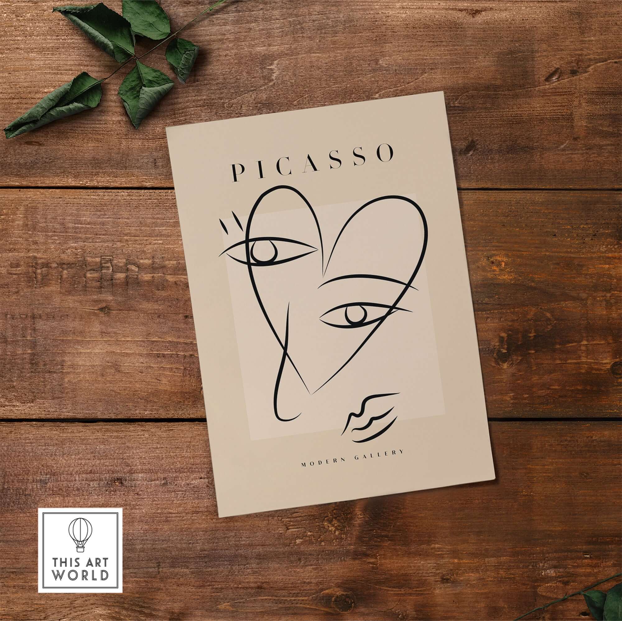 Picasso Line Art Abstract Heart Face Minimalist Modern Gallery Print Poster featuring expressive lines on a beige backdrop.