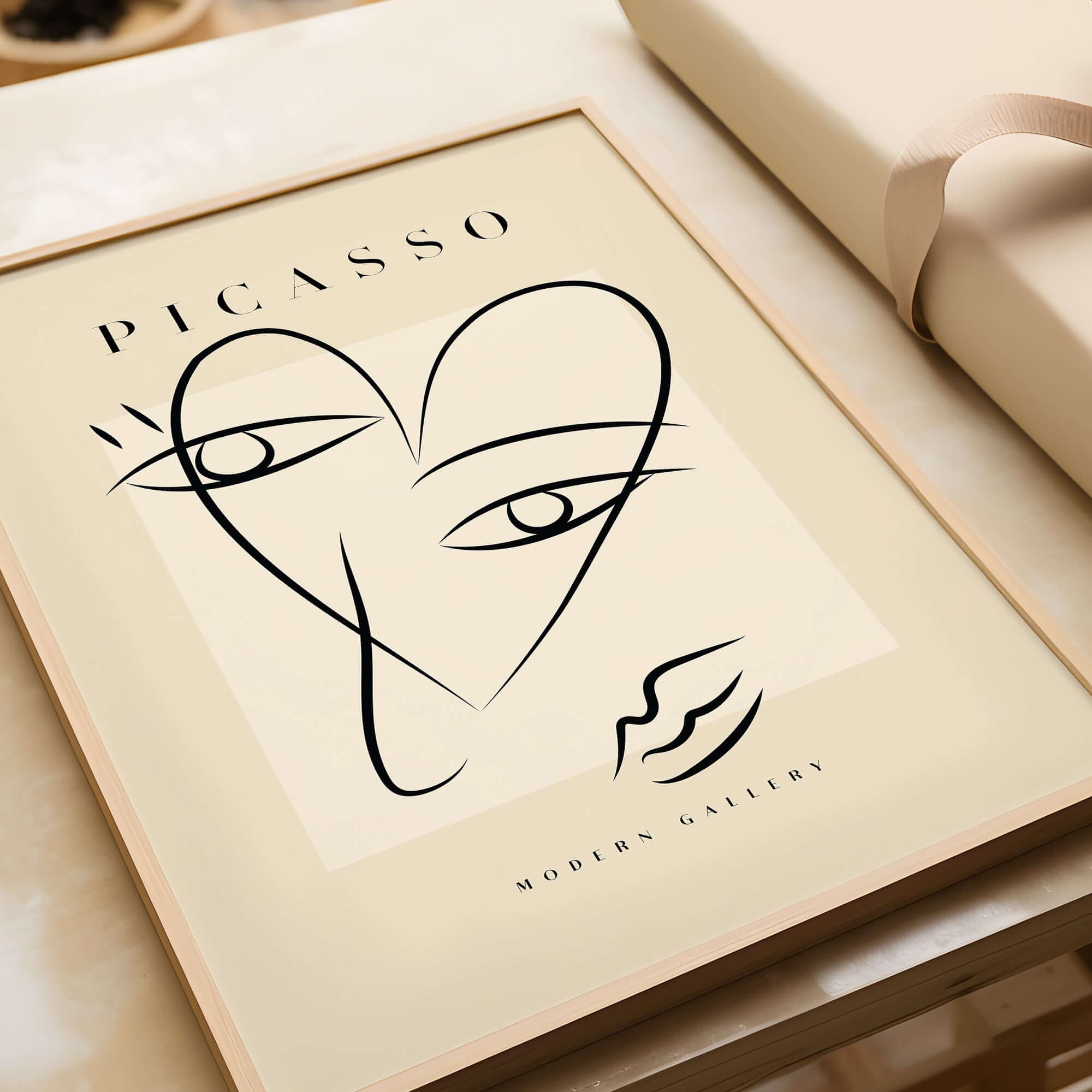 Picasso Line Art Abstract Heart Face Minimalist Modern Gallery Print Poster on beige backdrop in a wooden frame.