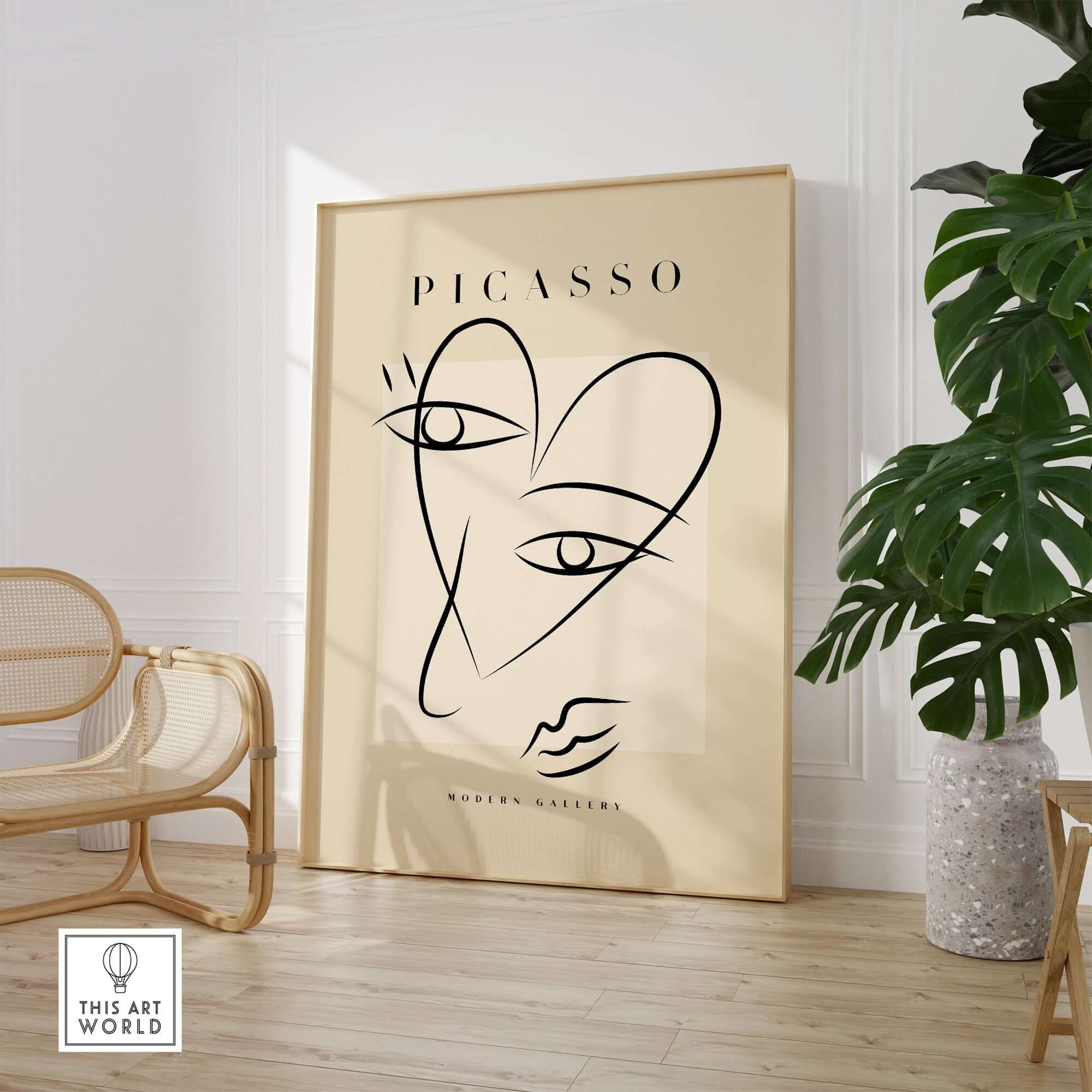 Picasso Line Art Abstract Heart Face Minimalist Modern Gallery Print Poster displayed in a stylish interior setting.