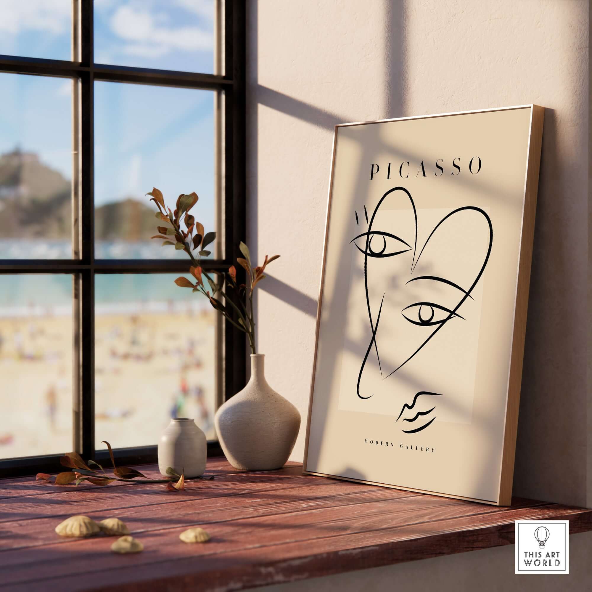 Picasso Line Art Abstract Heart Face Minimalist Modern Gallery Print Poster displayed on a wooden table with natural lighting.