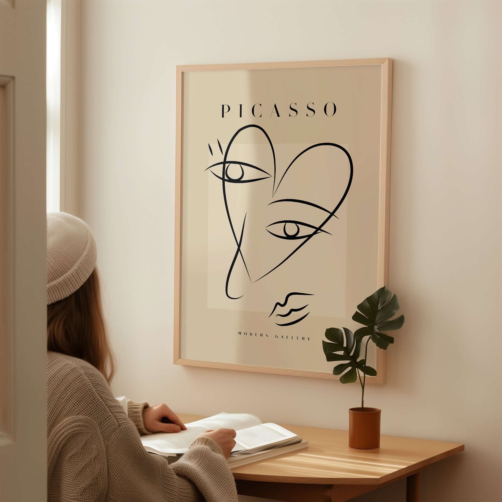 Picasso Line Art Abstract Heart Face Minimalist Modern Gallery Print Poster displayed in a cozy interior setting.