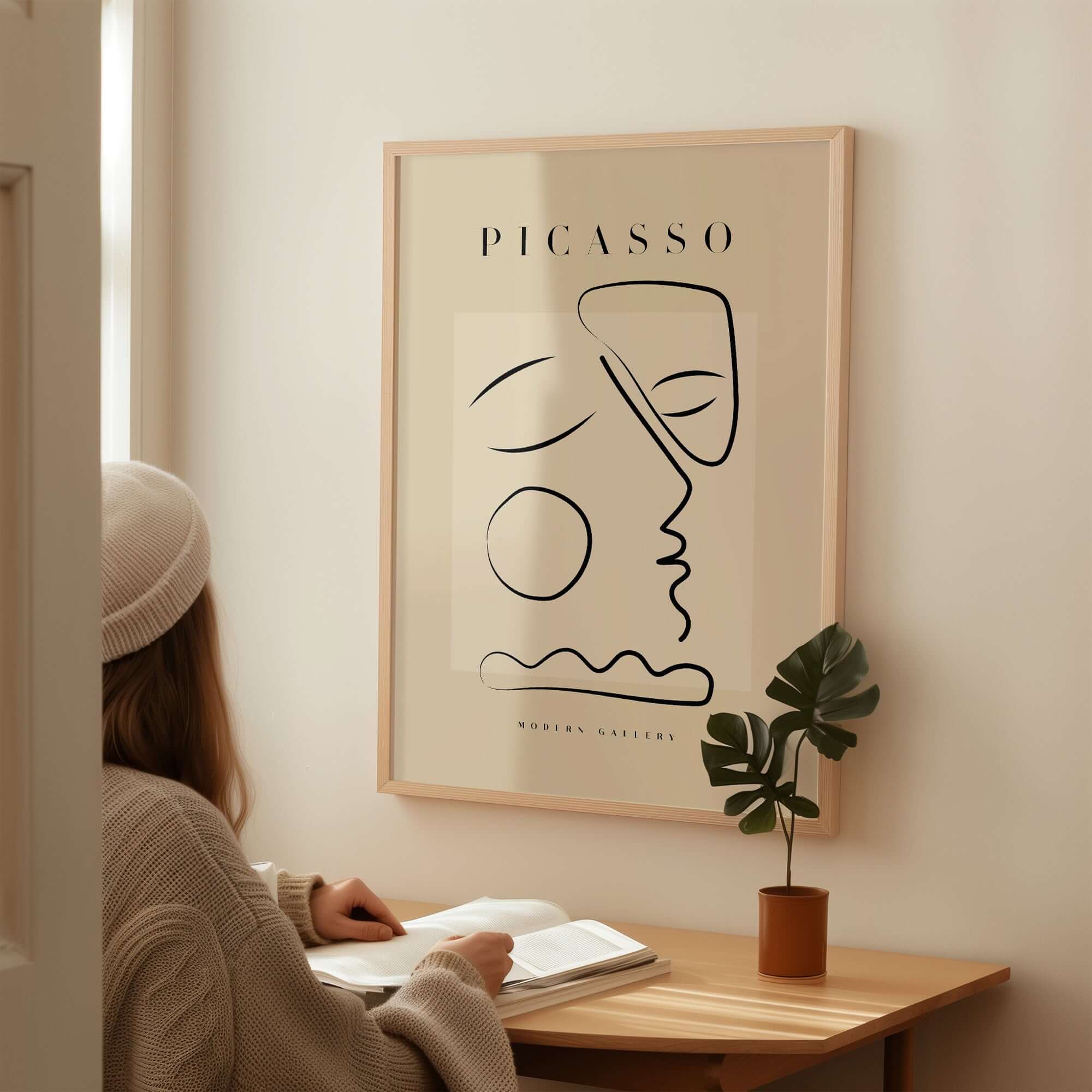 Picasso Line Art Abstract Profile Geometric Modern Gallery Wall Art Print displayed in stylish interior setting.