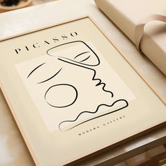 Picasso Line Art Abstract Profile Geometric Modern Gallery Wall Art Print featuring minimalist design in black and beige.