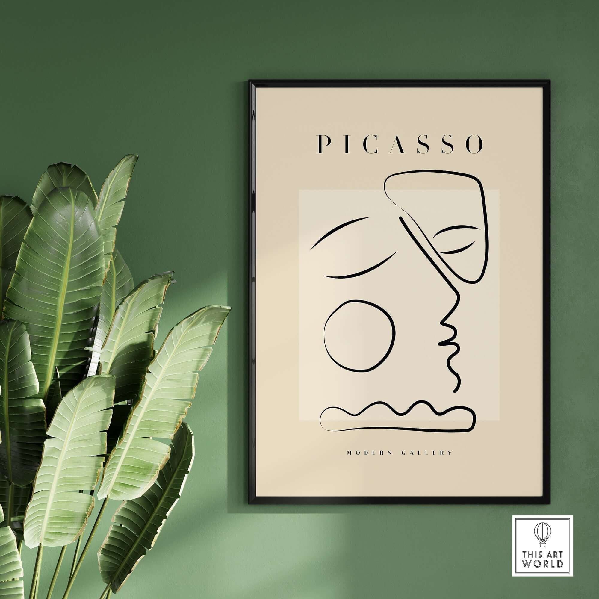 Picasso Line Art Abstract Profile Geometric Modern Gallery Wall Art Print featuring minimalist design against beige background.