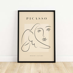 Picasso Line Art Face Dove Minimalist Modern Gallery Poster Print featuring a black line drawing of a face and dove.