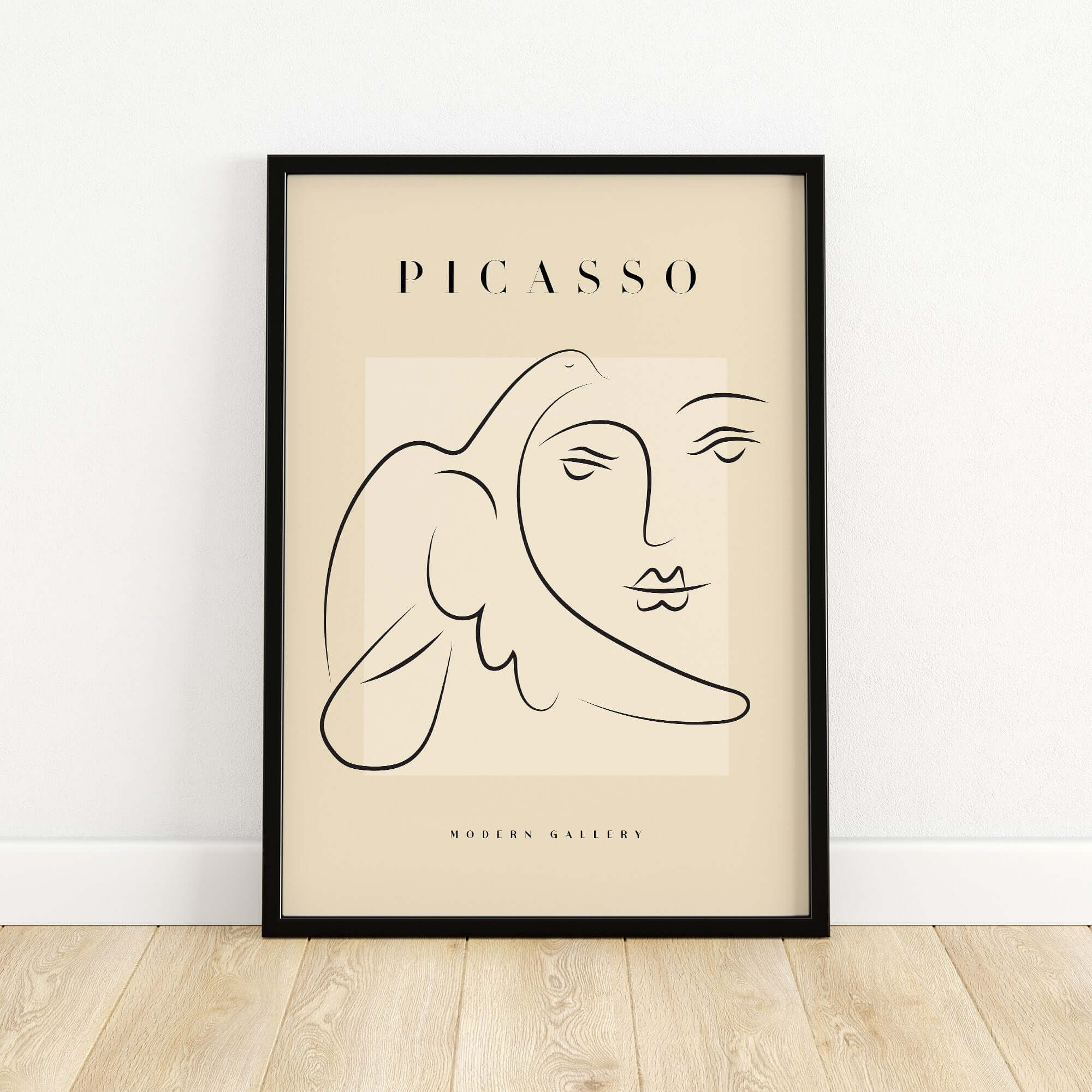 Picasso Line Art Face Dove Minimalist Modern Gallery Poster Print featuring a black line drawing of a face and dove.