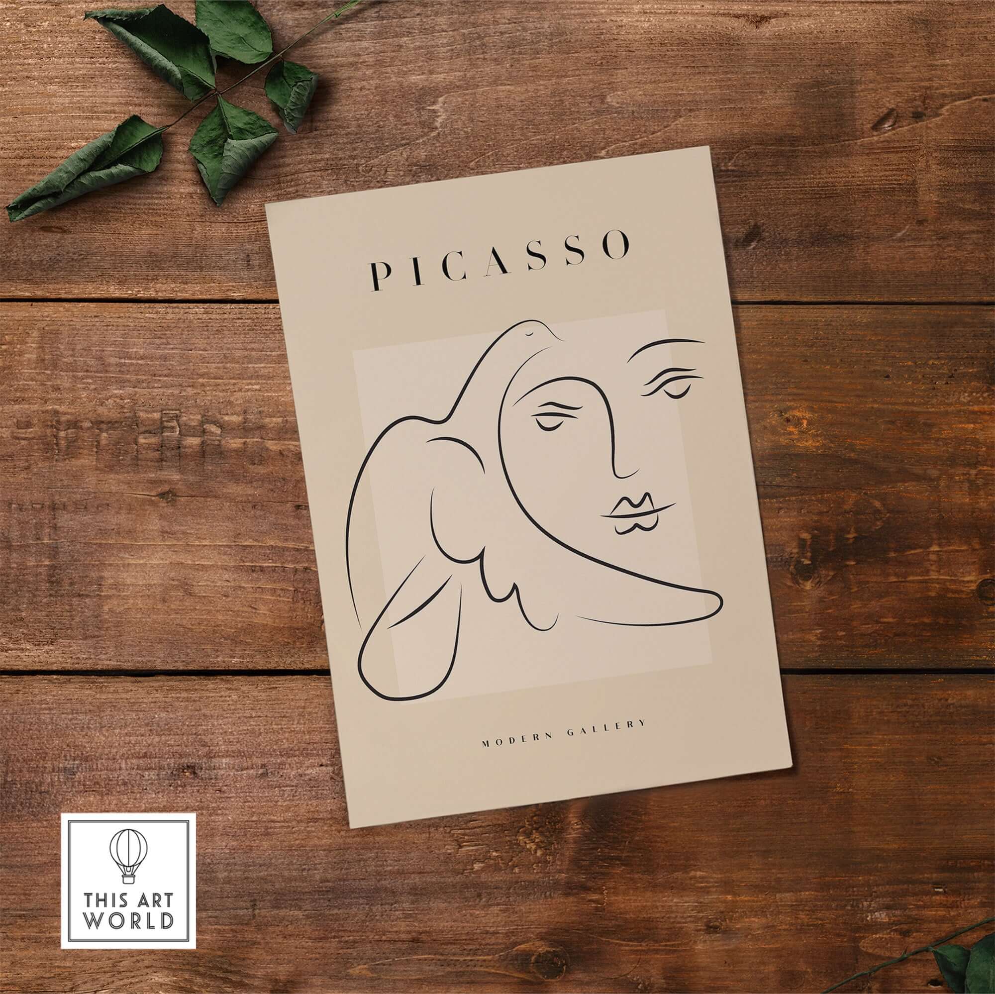 Picasso Line Art Face Dove Minimalist Modern Gallery Poster Print on wood background with green foliage accents.