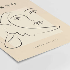 Picasso Line Art Face Dove Minimalist Modern Gallery Poster Print featuring continuous line drawing on beige background.