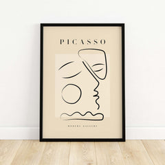 Picasso Line Art Abstract Profile Geometric Modern Gallery Wall Art Print displayed in a black frame against a neutral background.
