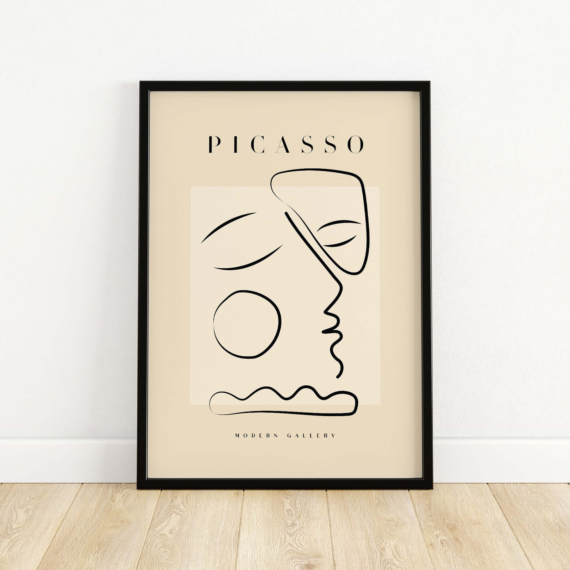 Picasso Line Art Abstract Profile Geometric Modern Gallery Wall Art Print displayed in a black frame against a neutral background.