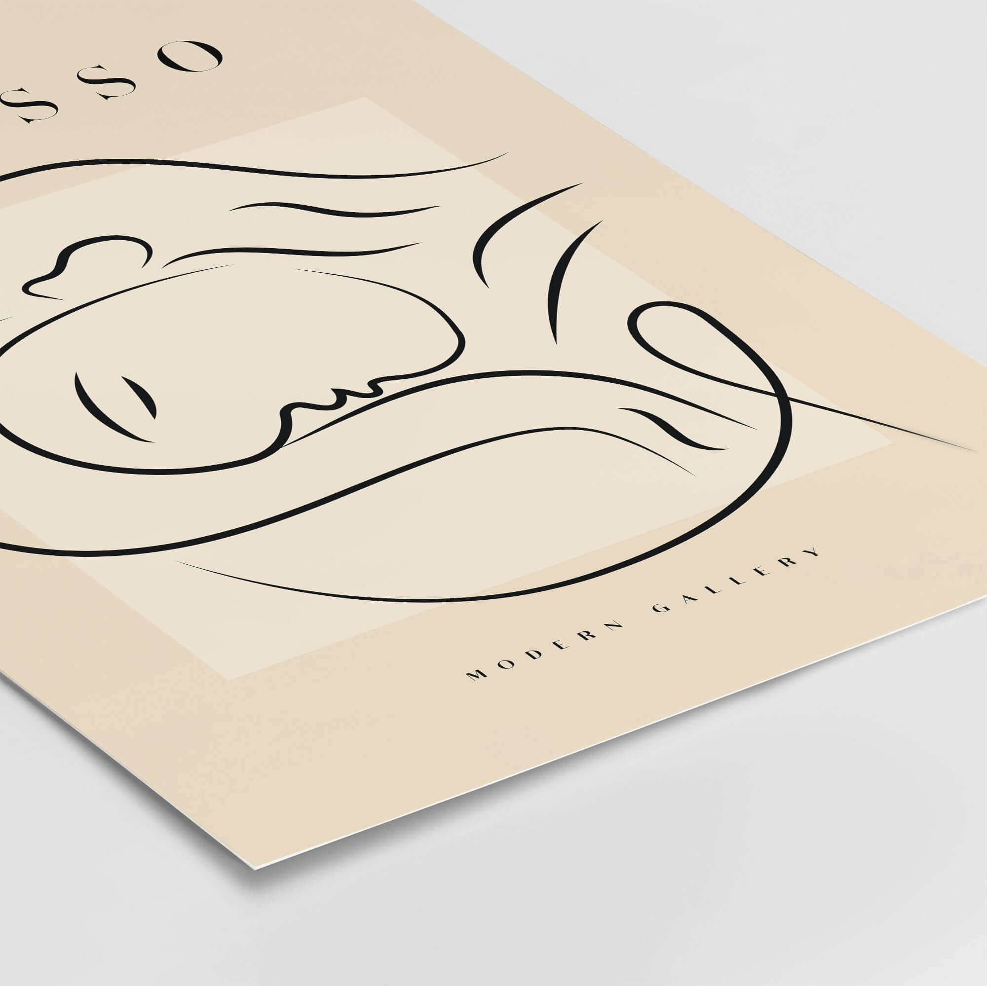 Picasso Line Art Reclining Sleeping Face Modern Gallery Poster Wall Art showcased with minimalist design on beige background.