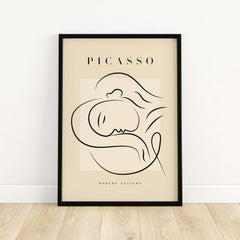Picasso Line Art Reclining Sleeping Face Modern Gallery Poster Wall Art featuring a minimalist design on a beige background.