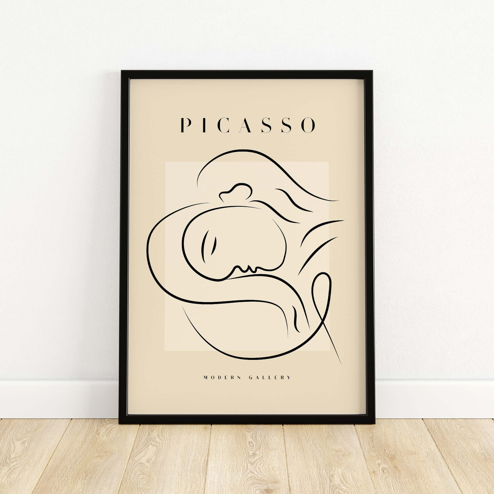 Picasso Line Art Reclining Sleeping Face Modern Gallery Poster Wall Art featuring a minimalist design on a beige background.