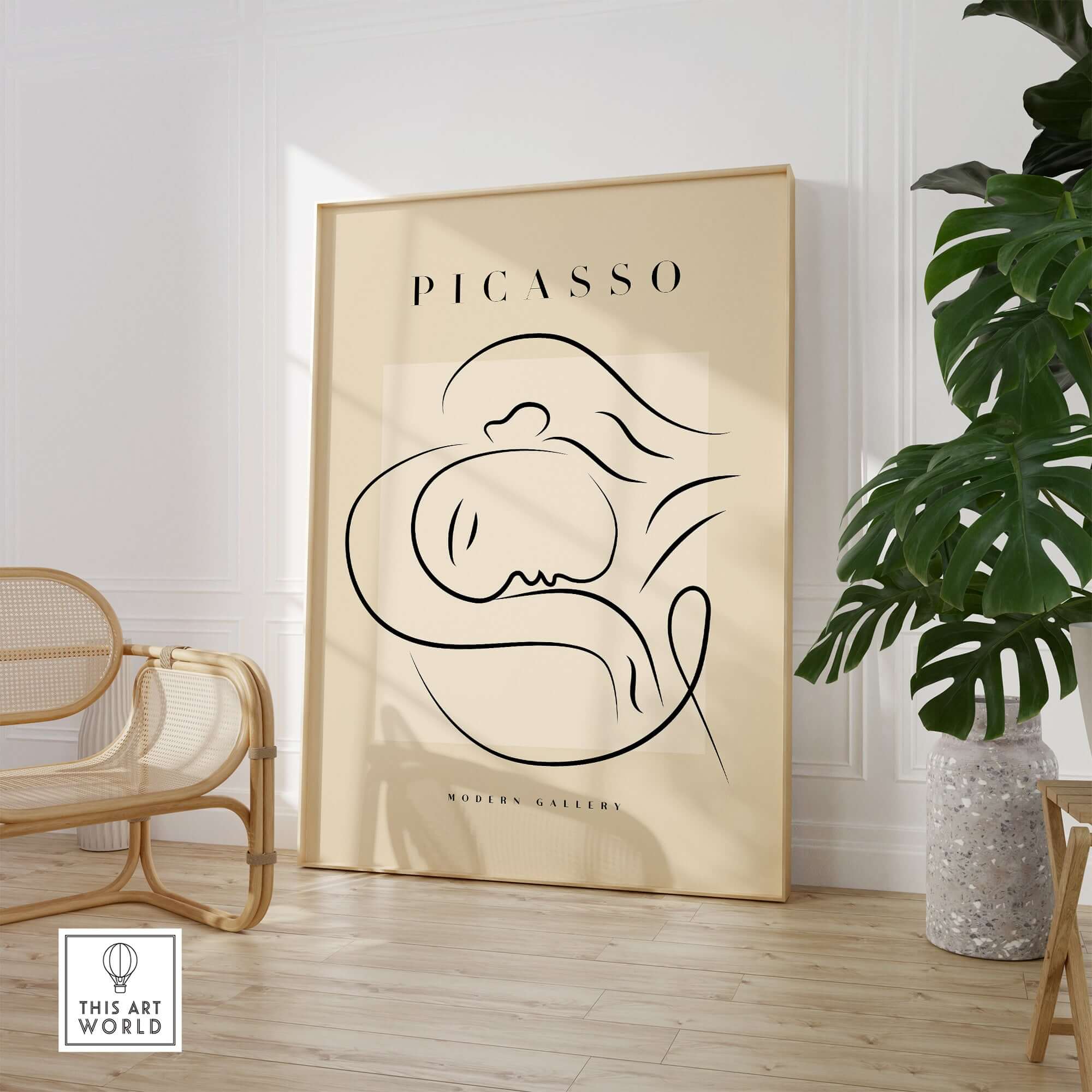 Picasso Line Art Reclining Sleeping Face Modern Gallery Poster Wall Art displayed in a minimalist living space.