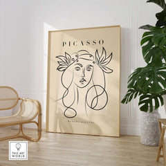Picasso Line Art Woman Leaf Crown Modern Gallery Wall Art Poster showcasing an elegant female face with a leaf crown.