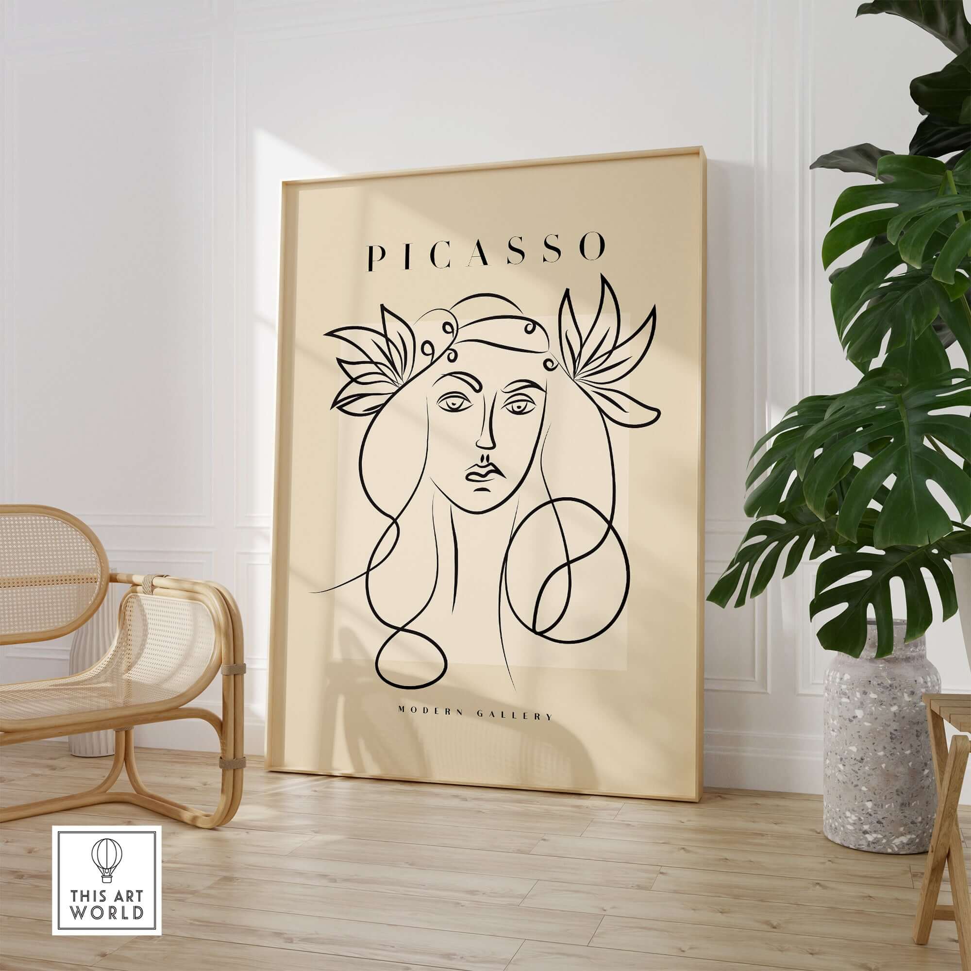 Picasso Line Art Woman Leaf Crown Modern Gallery Wall Art Poster showcasing an elegant female face with a leaf crown.
