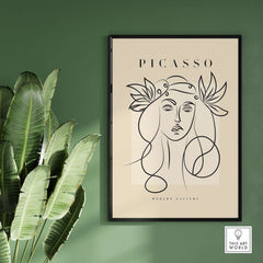 Picasso Line Art Woman Leaf Crown Modern Gallery Wall Art Poster featuring elegant line drawing on beige background.
