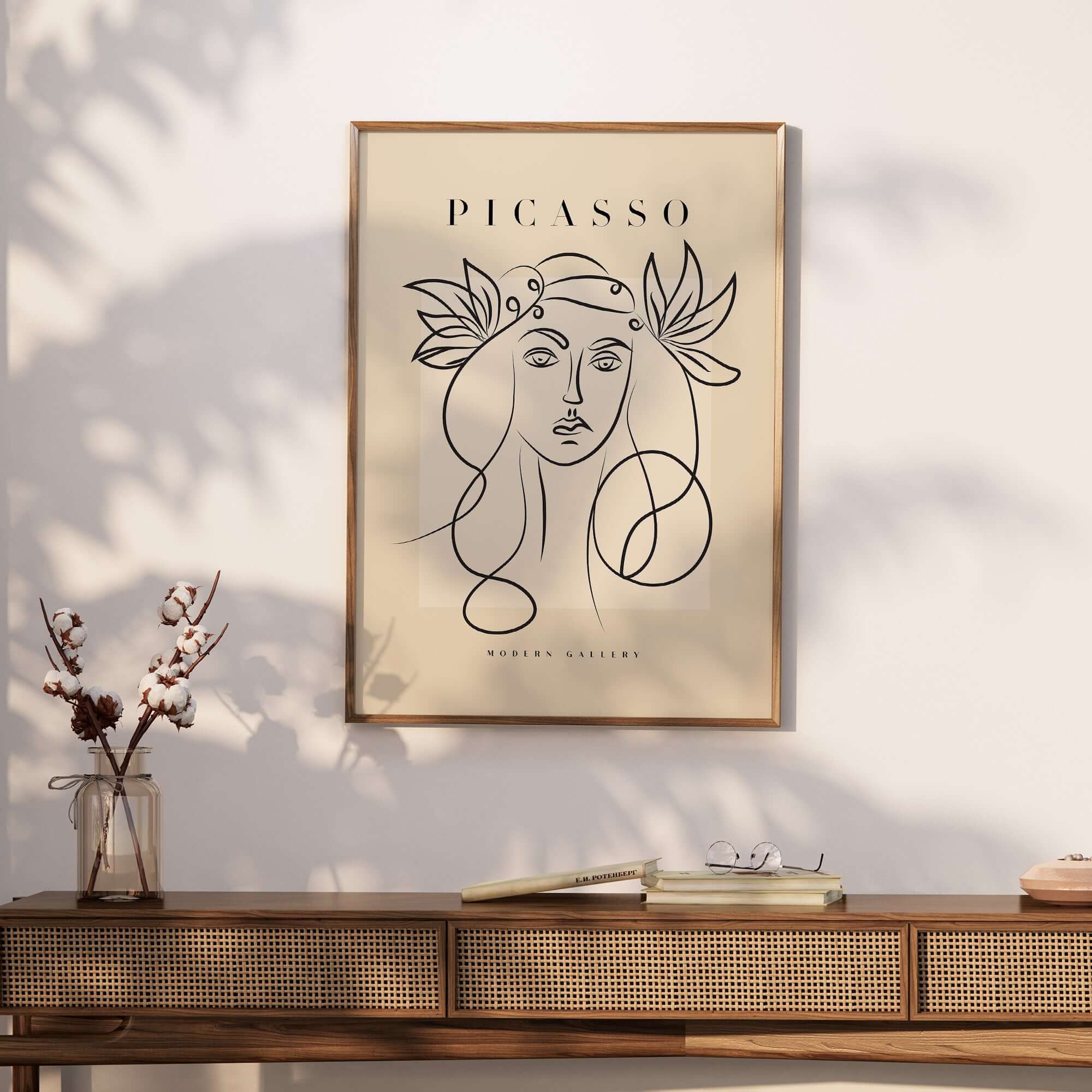 Picasso Line Art Woman Leaf Crown Modern Gallery Wall Art Poster displayed in a stylish room setting.