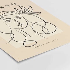 Picasso Line Art Woman Leaf Crown Modern Gallery Wall Art Poster featuring minimalist black line design on beige background.