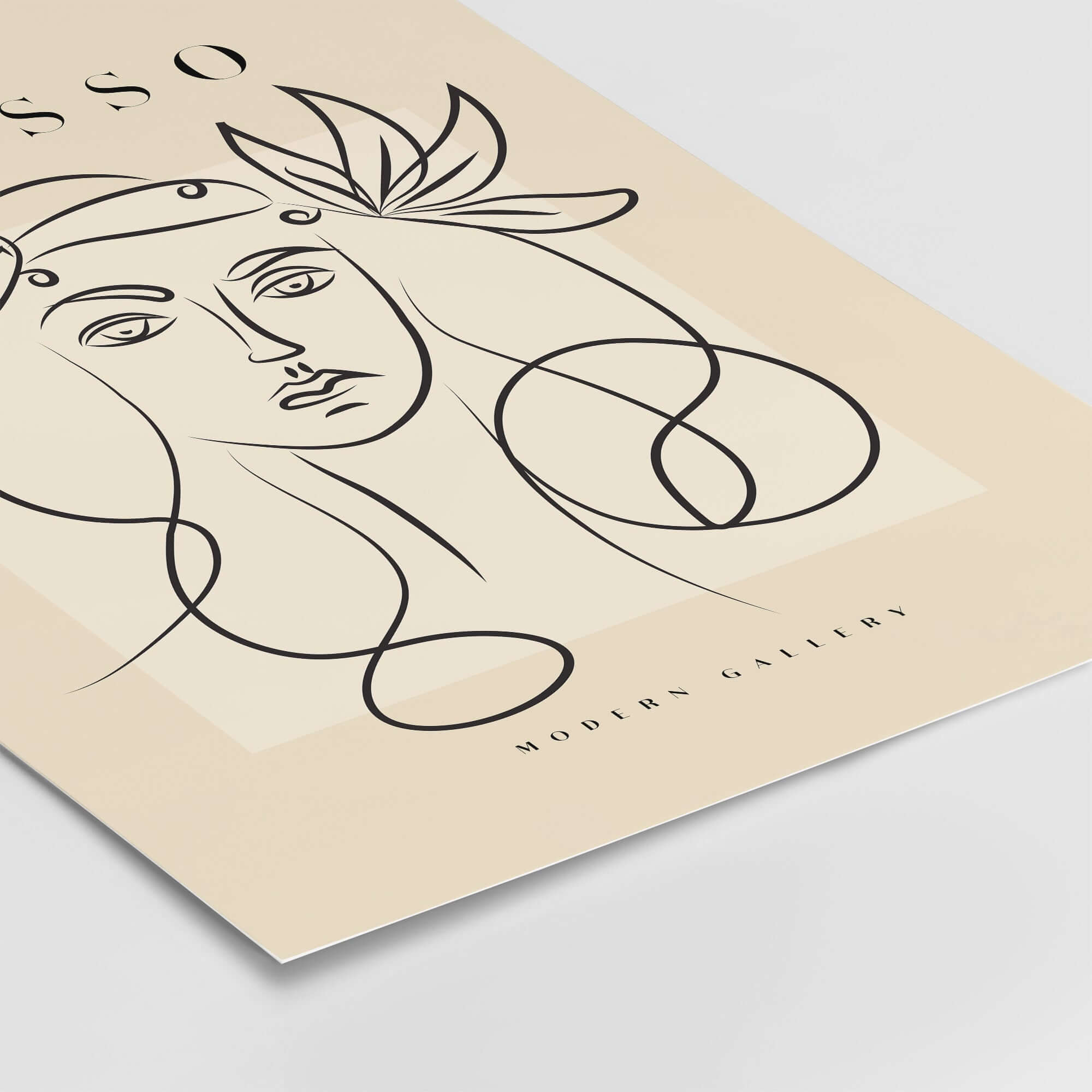 Picasso Line Art Woman Leaf Crown Modern Gallery Wall Art Poster featuring minimalist black line design on beige background.
