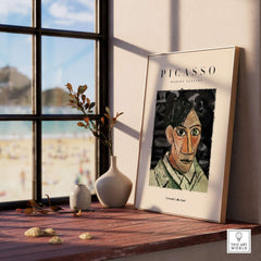 Picasso Man Portrait Cubist Style Art Print Modern Gallery Artwork Poster Wall Decor displayed in a coastal window setting.