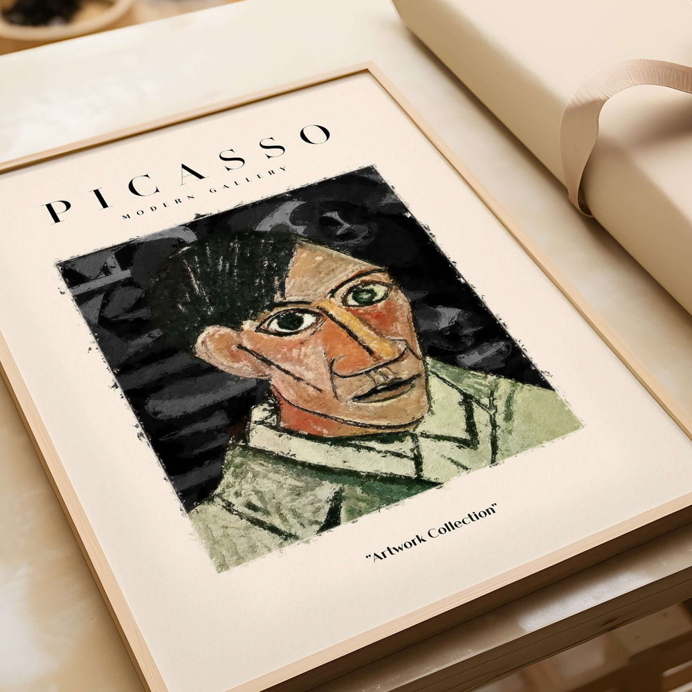 Picasso Man Portrait Cubist Style Art Print Modern Gallery Artwork Poster Wall Decor displayed in a modern frame.