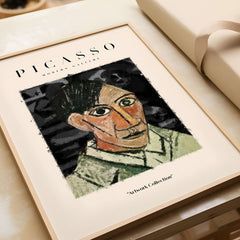 Picasso Man Portrait Cubist Style Art Print Modern Gallery Artwork Poster Wall Decor displayed in a modern frame.