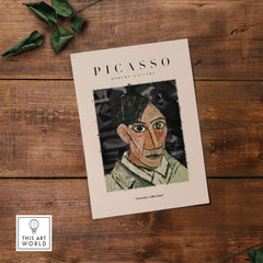 Picasso Man Portrait Cubist Style Art Print Modern Gallery Artwork Poster Wall Decor on textured wooden background