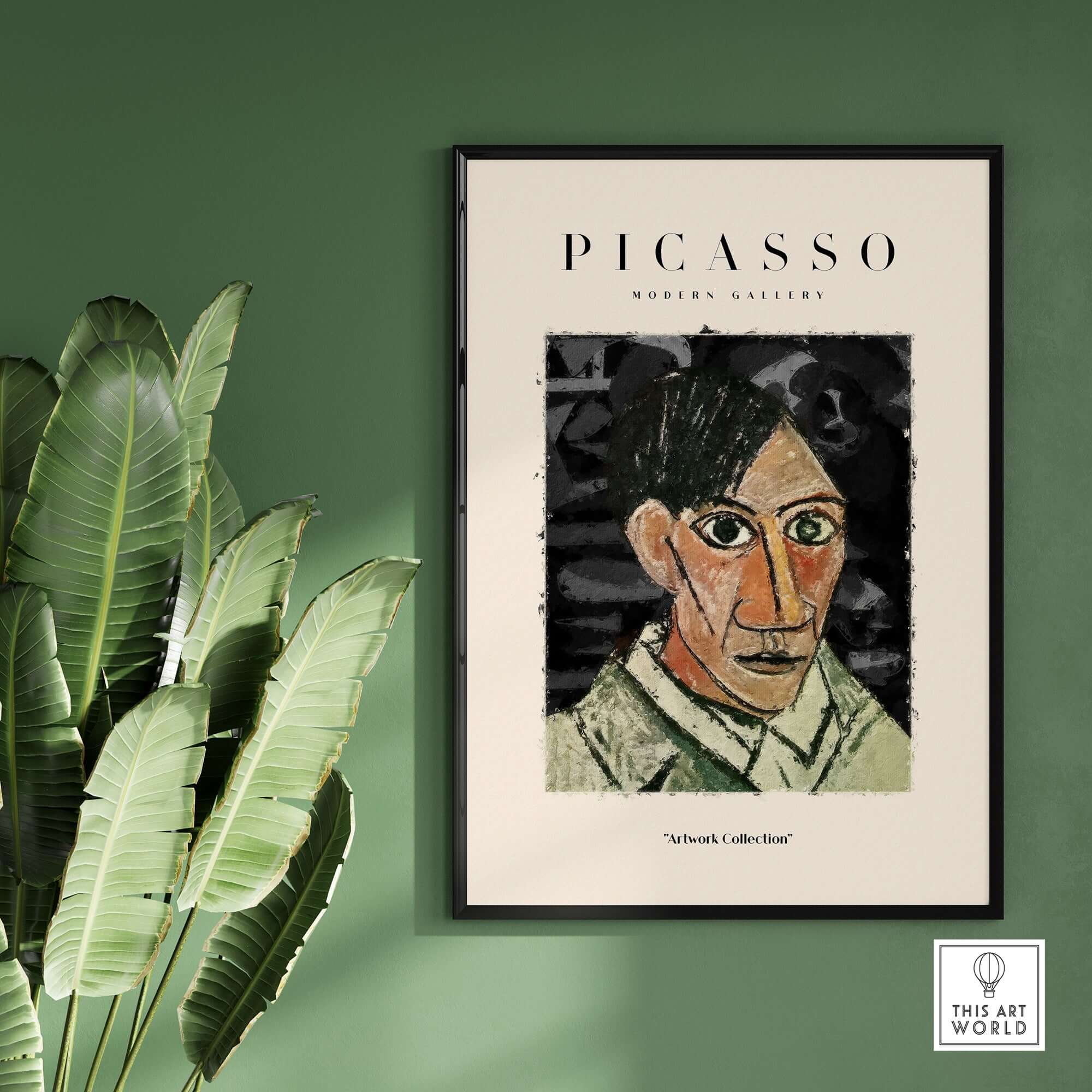Picasso Man Portrait Cubist Style Art Print Modern Gallery Artwork Poster Wall Decor displayed on a green wall with plants.