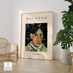 Picasso Man Portrait Cubist Style Art Print Modern Gallery Artwork Poster Wall Decor displayed in a modern interior setting.