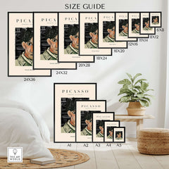 Size guide for Picasso Man Portrait Cubist Style Art Print Modern Gallery Artwork Poster Wall Decor in various dimensions.