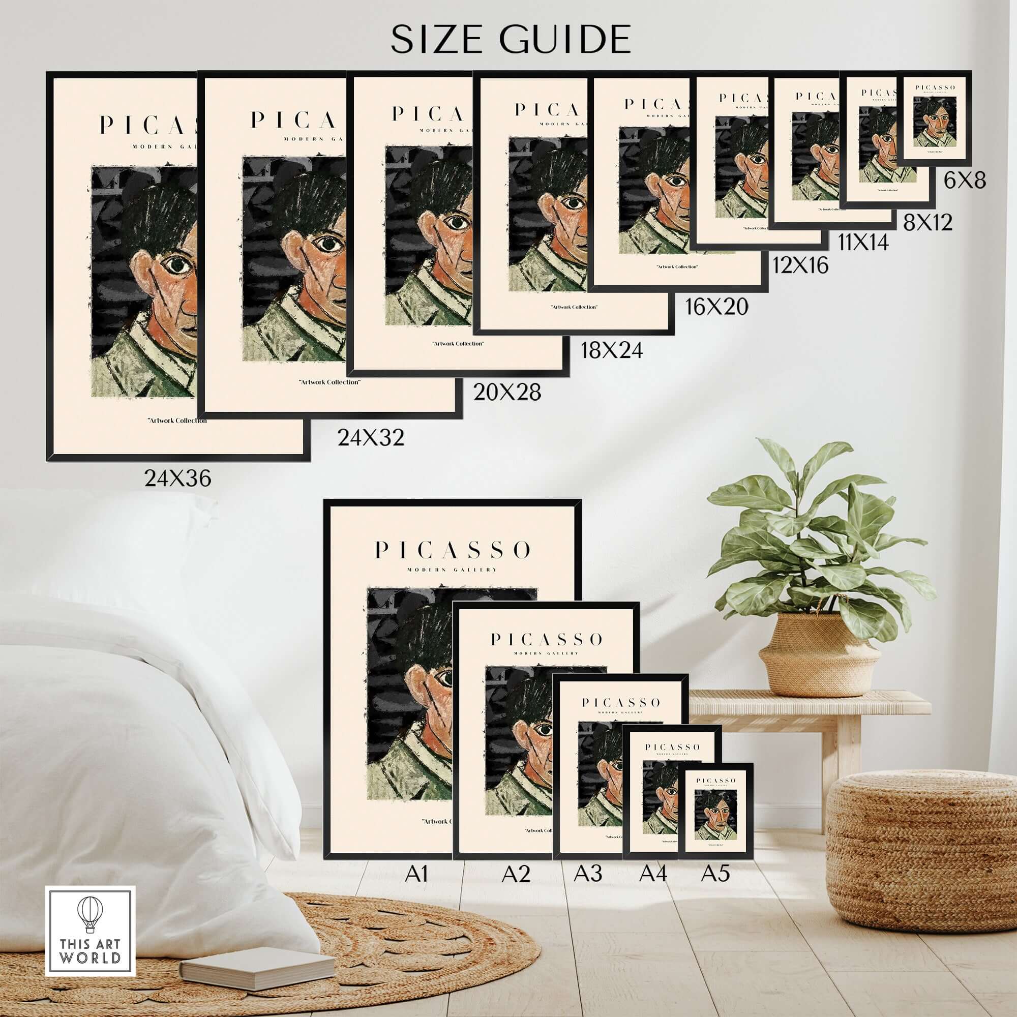 Size guide for Picasso Man Portrait Cubist Style Art Print Modern Gallery Artwork Poster Wall Decor in various dimensions.