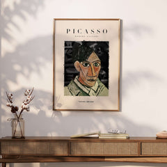 Picasso Man Portrait Cubist Style Art Print Modern Gallery Artwork Poster Wall Decor displayed in a modern interior setting.
