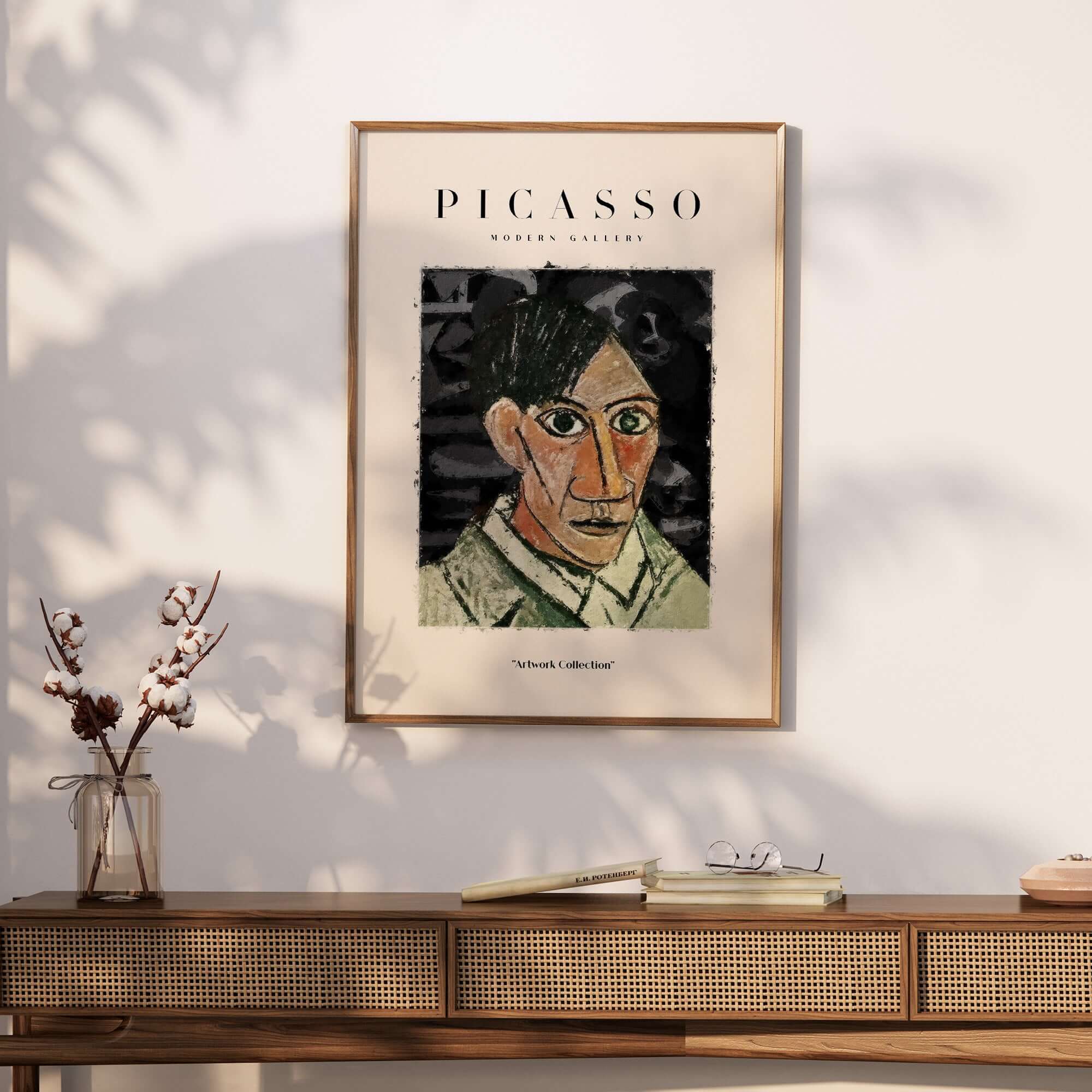 Picasso Man Portrait Cubist Style Art Print Modern Gallery Artwork Poster Wall Decor displayed in a modern interior setting.