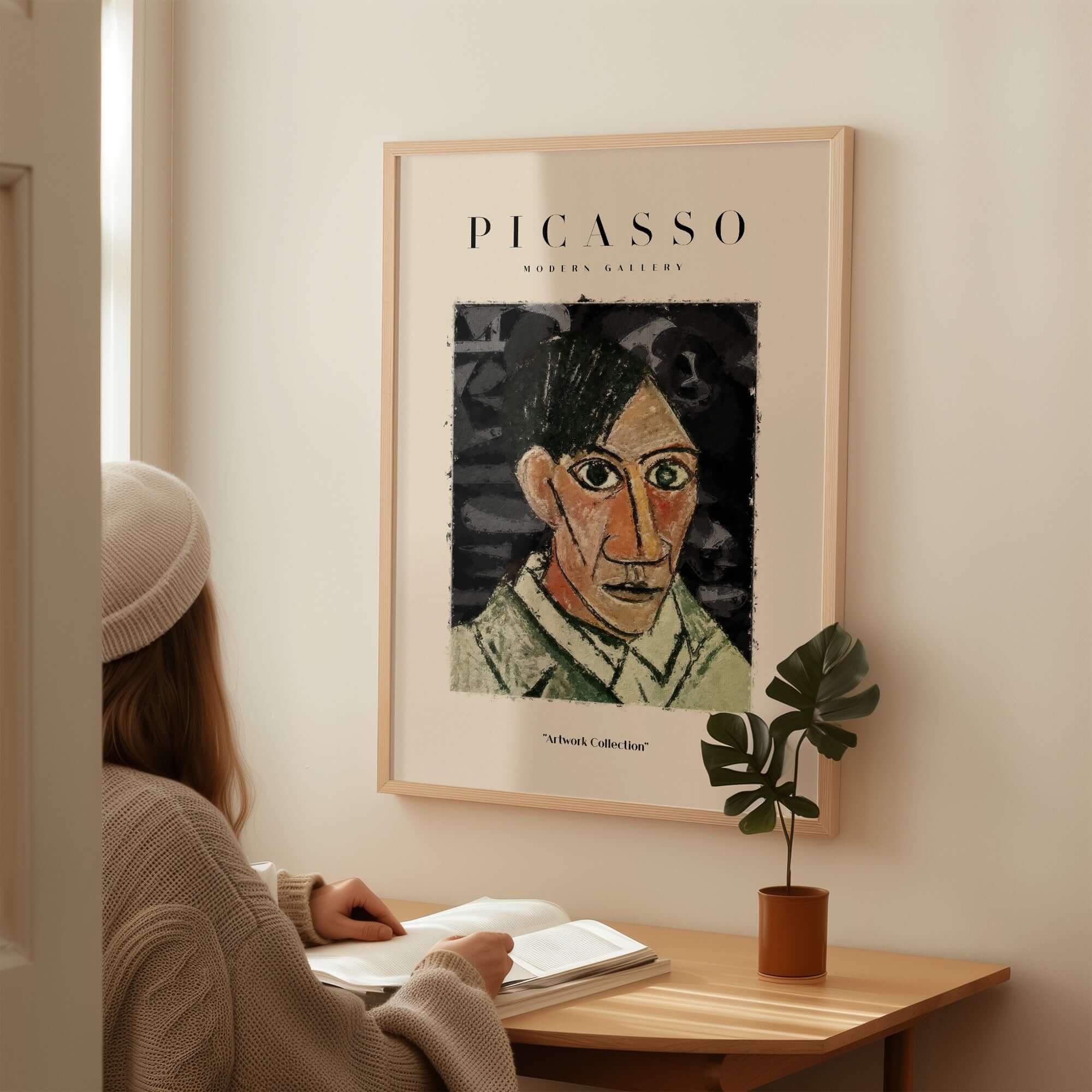 Picasso Man Portrait Cubist Style Art Print Modern Gallery Artwork Poster Wall Decor displayed in a cozy room.