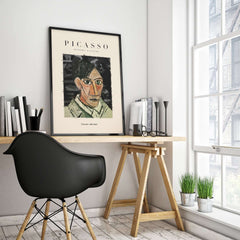 Picasso Man Portrait Cubist Style Art Print Modern Gallery Artwork Poster Wall Decor displayed in a modern office setting.