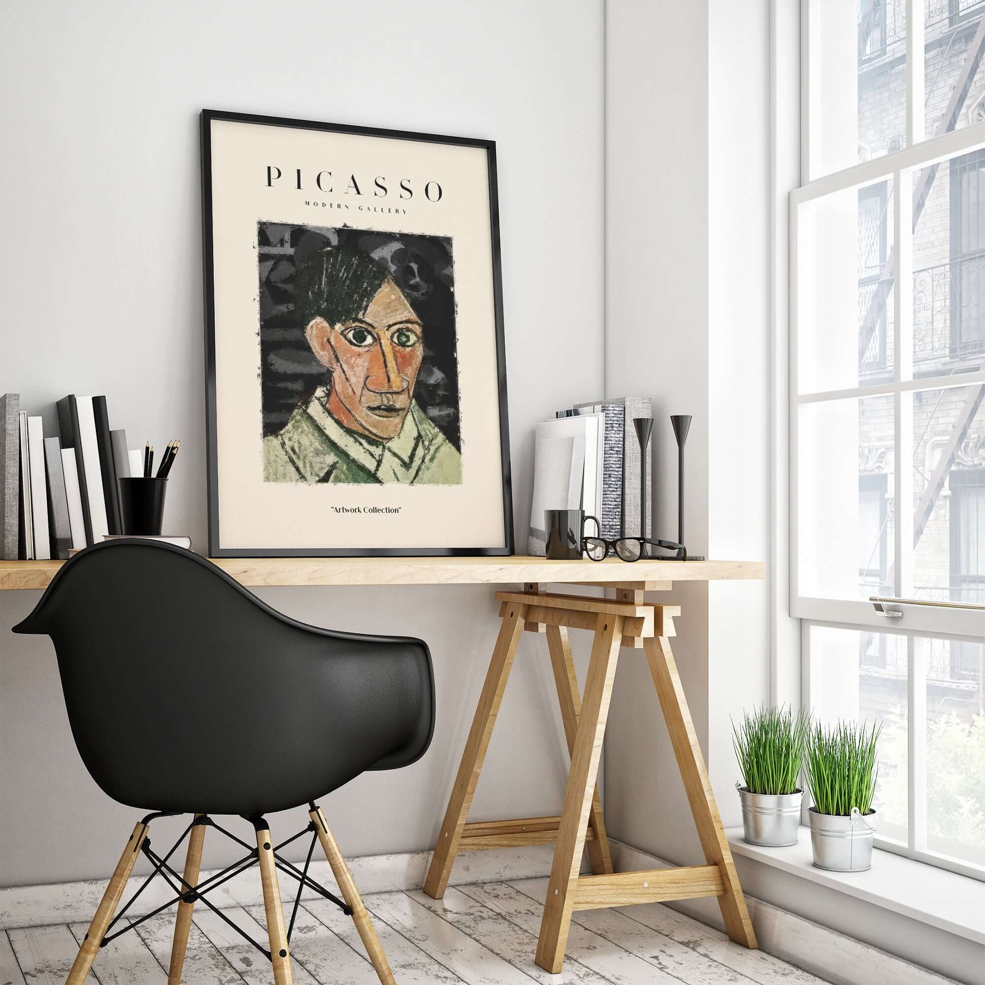 Picasso Man Portrait Cubist Style Art Print Modern Gallery Artwork Poster Wall Decor displayed in a modern office setting.