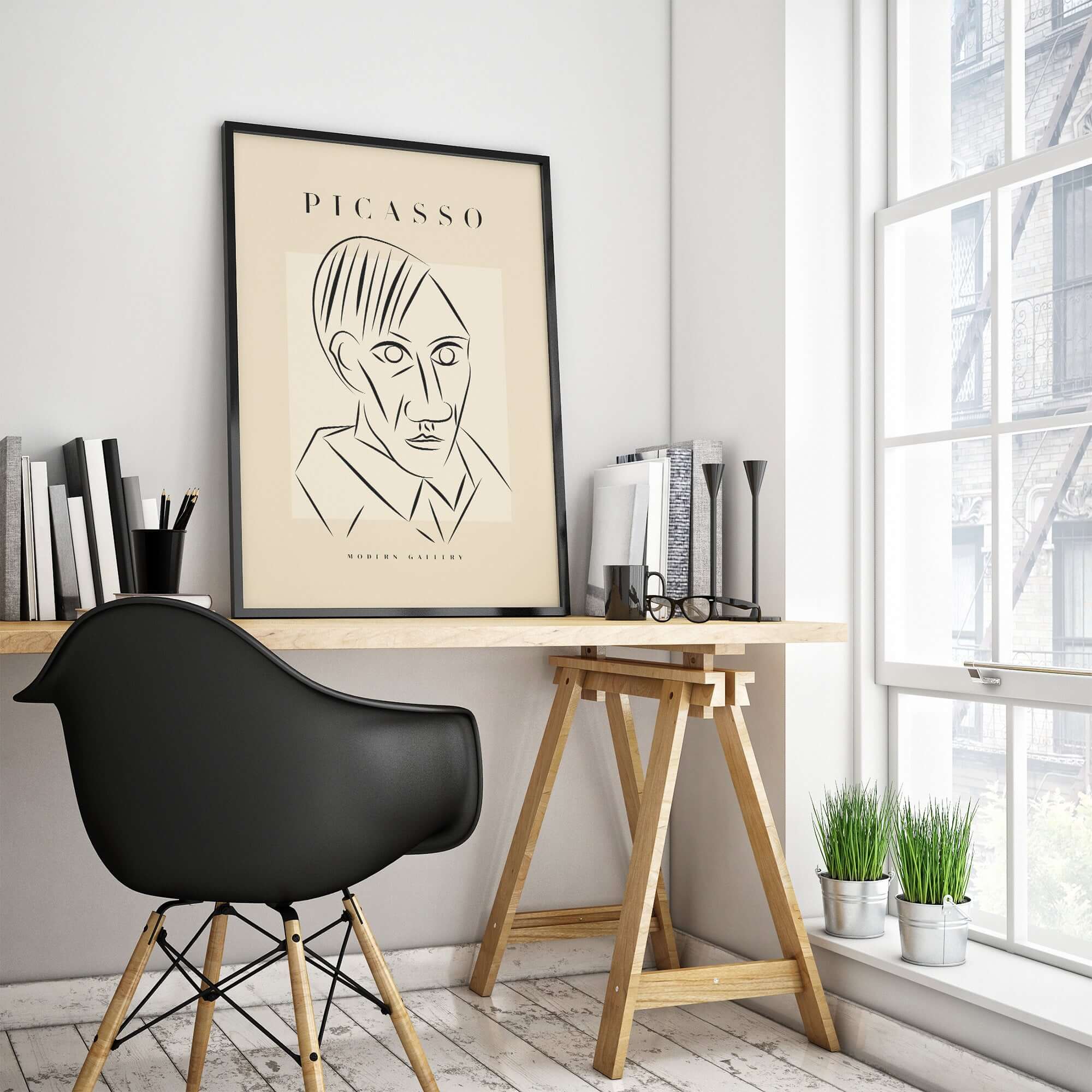 Picasso Man Portrait Sharp Lines Abstract Face Poster Modern Gallery Print Wall Art framed in a stylish modern office.