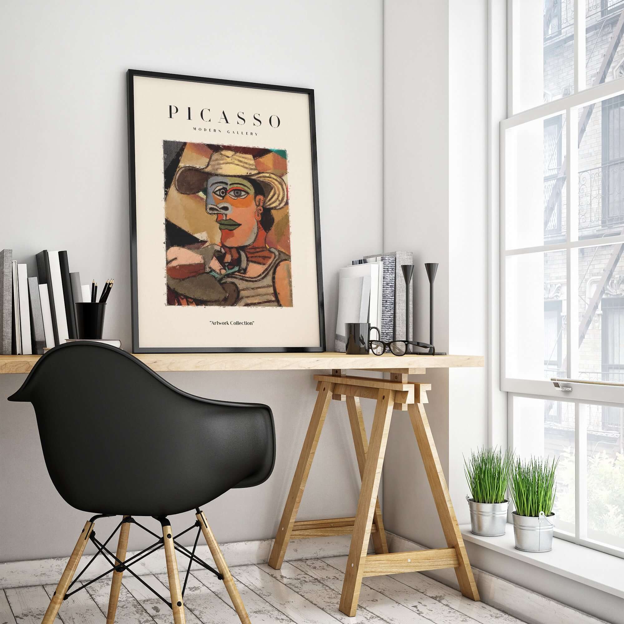 Picasso Man Straw Hat Abstract Portrait Art Print Cubist Poster Artwork Collection displayed in a modern workspace.