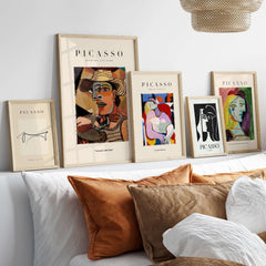 Picasso Man Straw Hat Abstract Portrait Art Print Cubist Poster Artwork Collection displayed in a modern gallery setting.