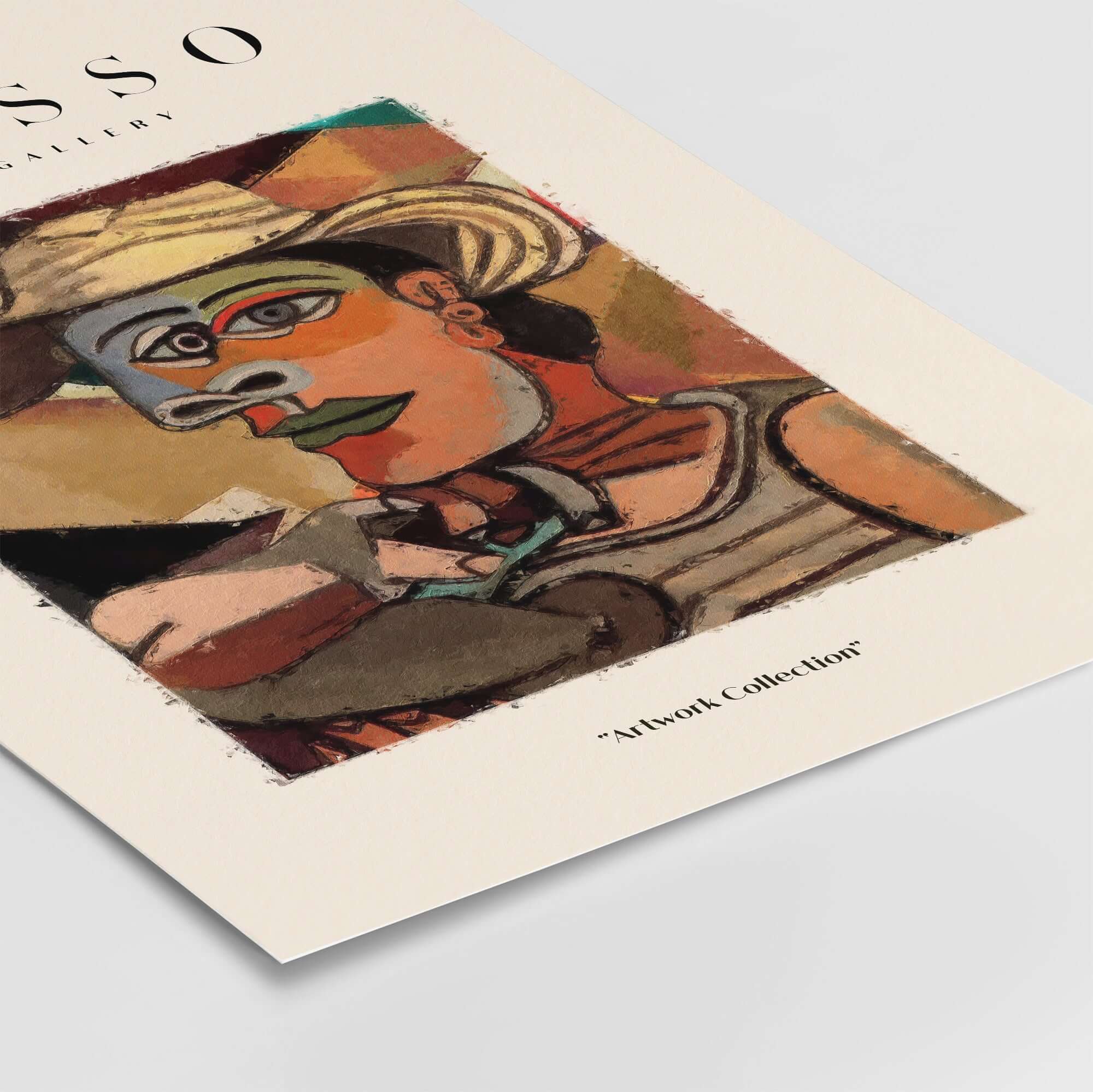 Picasso Man Straw Hat Abstract Portrait Art Print Cubist Poster Artwork Collection displayed on a gallery wall.