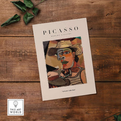 Picasso Man Straw Hat Abstract Portrait Art Print Cubist Poster Artwork Collection on wooden background.