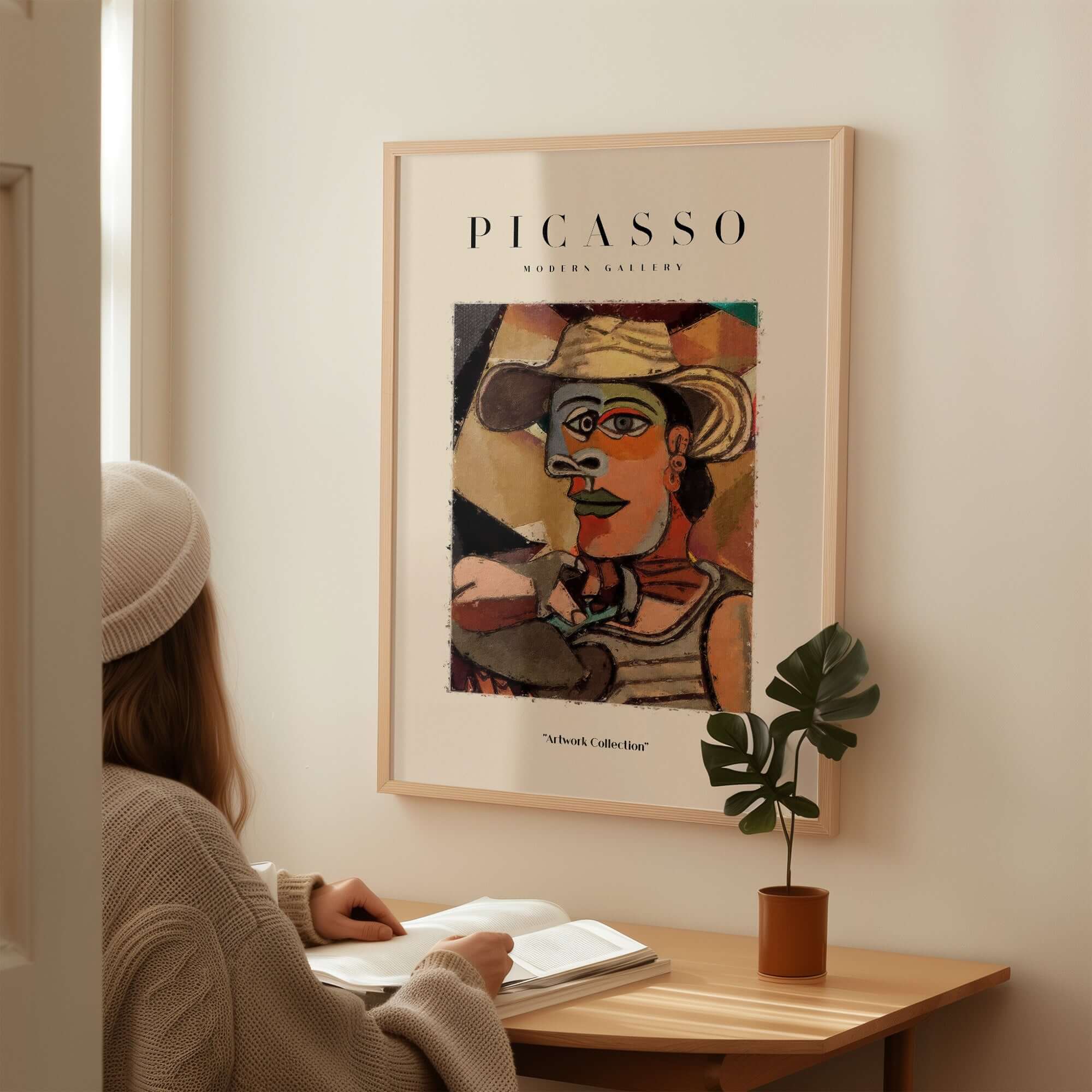 Picasso Man Straw Hat Abstract Portrait Art Print Cubist Poster Artwork Collection displayed in a modern setting.